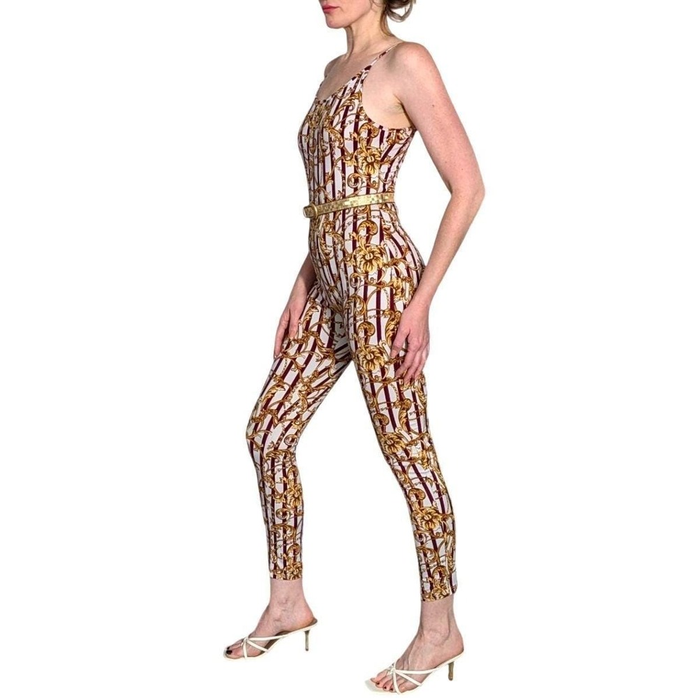 Touch Me‎ Vintage 90s Catsuit Baroque Chain Print Jumpsuit Burgundy White Size S